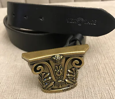 Versace Belt Black 100% Leather Italy Gold Metal Buckle Italy • $166.99