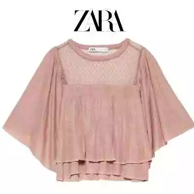 Zara Contrasting Ruffled Bell Sleeve Blush Nude Mesh Swiss Dot Top Blouse Small • $30