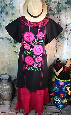 Tehuana Huipil Kaftan Pink & Black Hand & Machine Embroidered Mexico Frida Style • $96