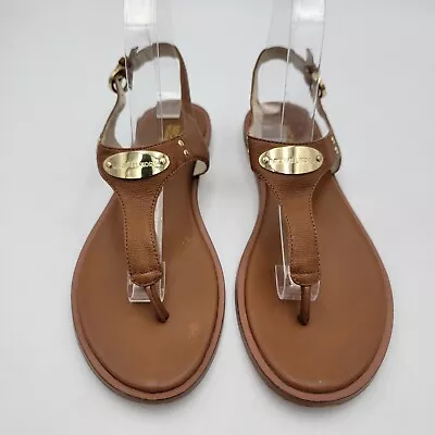 Michael Kors MK Gold Plate Flat Brown Leather Thong Sandals Strap Luggage Sz 8  • $38