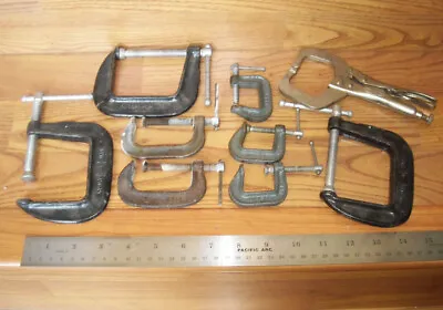 LOT Of 9 VINTAGE CLAMPS - 8 C-clamps And Vise-grip - Old Mechanic Lot USA STEEL • $44.95