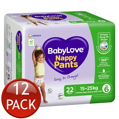 $929.21 • Buy 12 X Babylove Nappy Pants Size 6 Junior 15-25Kg Unisex Snug Ft Nappies 22 Pack