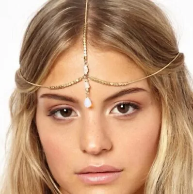 Bohemian Head Chain Headband Headpiece Hair Gold White Metal Rhinestone Boho H6 • £7.95