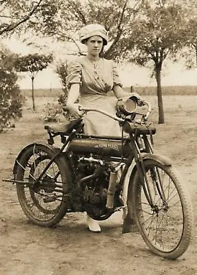 Antique Photo... Woman W/ Flying Merkel Motorcycle ... Photo Print 5X7 • $4.99