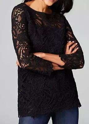 J. Jill Beautiful Ornate Lace Overlay 3/4 Sleeve Blouse Top Lined Black Size L • $37.99