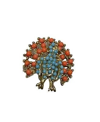 Vintage Gold Peacock Pin With Faux Seed Pearl Coral Pink And Blue • $7