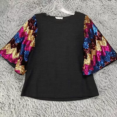THML Bell Sleeve Sequin Top Women's S Black Knit Colorful Sequin Chevron • $19.97