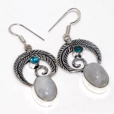 925 Silver Plated-Rainbow Moonstone Blue Topaz Long Earrings Jewelry 2  JW • $2.99