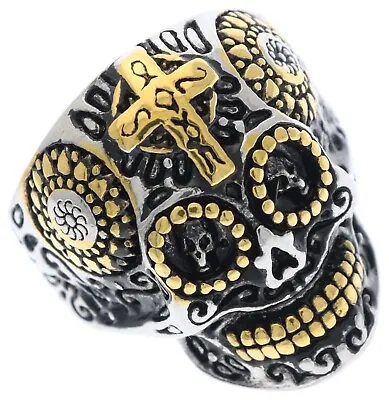 Sugar Skull Day Of The Dead Overlay Stainless Steel Mens Ring Size 10 HM6679 T52 • $19.36