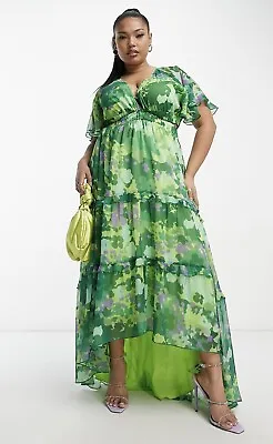 £29.99 • Buy Asos Curve Angel Sleeve Plunge Tiered Maxi Dress With Cut Out In Green Size 26