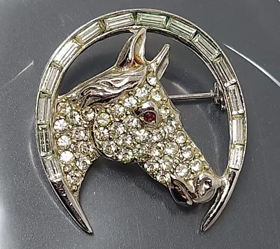 Vintage 50's Horseshoe Horse White Rhinestone Silver Tone Brooch • $55