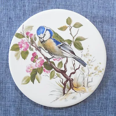 H & R Johnson Round Tile Trivet From ENGLAND Blue Bird Flower Blossoms  • $9.99