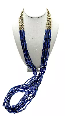 CHICOS Blue Gold Bead Necklace Multi Strand Long Tube Statement 21  - 25  • $14.95