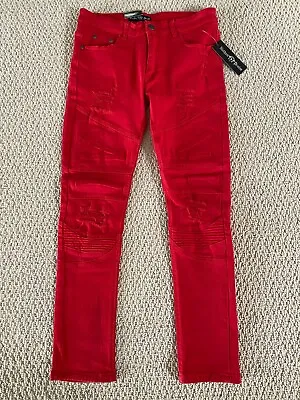 NWT Men's Nathan Denim Red Moto Distressed Stretch Skinny Biker Jeans Size 28-34 • $16.99