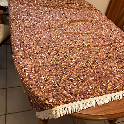 Vintage Oblong  Tablecloth With Brown Geometric &  Fringe  55  X 66  • $12