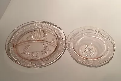 Mother Goose Pink Depression Glass Plate And Bowl Margery Daw VTG • $10