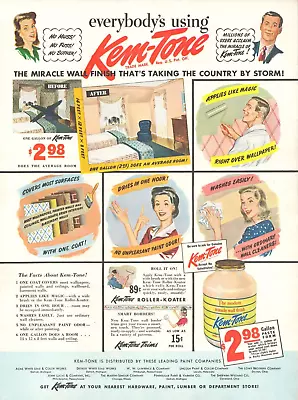 1943 Kem Tone Housepaint Vintage PRINT AD Miracle Wall Finish Covers In One Coat • $11.49