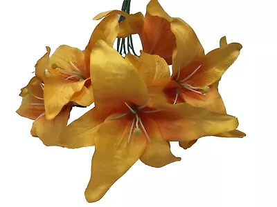 Bouquet Of Orange Lillies Artificial Silk Flowers 7 Big Blooms 21” Pick Vintage • $14