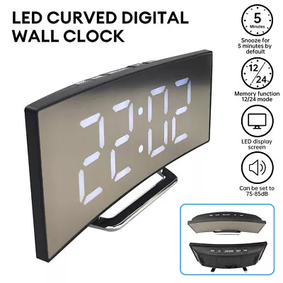 Digital Curved Screen Mirror Clock LED Display Snooze Table Alarm For Bedroom • £11.59