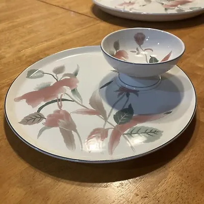 Vintage Mikasa Silk Flowers 11” Chip & Dip Serving Plate & Bowl Pink Green Cream • $20