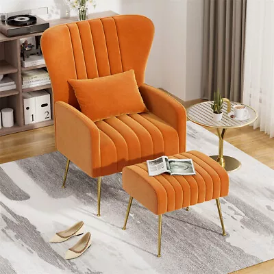 Modern Velvet Fabric Accent Chair Lazy Armchair With Ottoman Footstool & Pillow • $179.99