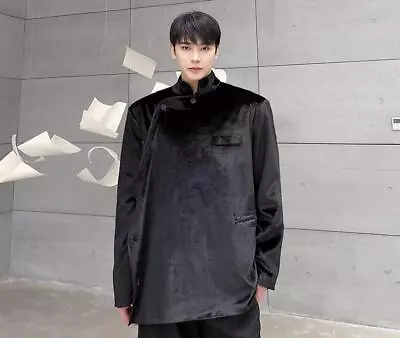 Men's Fashion Design Stand Collar Long Sleeve Loose Suit Coats Black Velvet Top • $53.68