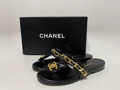 Vtg Chanel Ss1995 Black Patent Leather Gold Cc Turn Lock Sandals 36.5 • £474.97