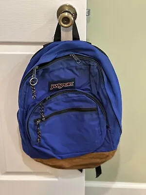 Vintage 90's Jansport Leather Bottom Backpack Navy Blue • $15