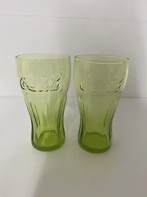 2 Coca Cola Glasses Yellow/Green Tumblers Half Pint Collectible Used • £11.99