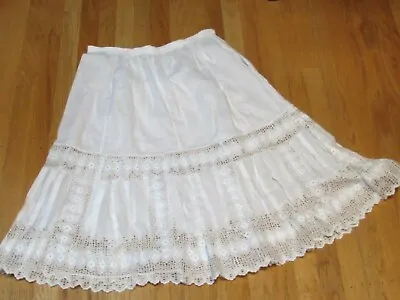 Antique White Cotton Victorian Petticoat Slip Skirt Eyelet Embroidered Flowers • $75
