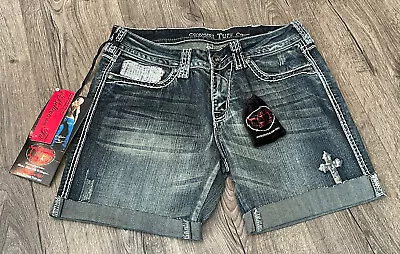 COWGIRL TUFF CO Womens Size 29 Crosses Shimmer Blue Denim Shorts NWT Sequins • $12.99