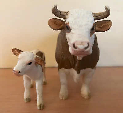 Schleich Rare Simmental Cattle 13800 Bull 13802 Calf Farm Lovely Condition • £28.99