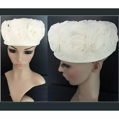 1950s Vintage White Floral Rosette Wedding Bridal Hat With Pearls VGC • $28