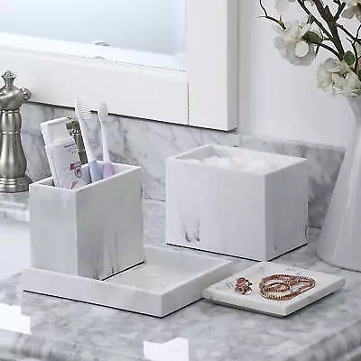 Faux Marble 4 Piece Vanity Organizer Set With Magnetic Side White • $21.99