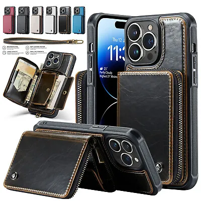 Zipper Leather Stand Wallet Card Case Wrist Strap For IPhone 14 Pro Max 13 12 11 • $15.71