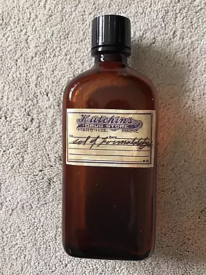 Vintage Amber Medicine Bottle Formaldehyde Hutchin's Drug Store Maine Label • $25