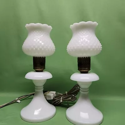 Pair Vtg White Milk Glass Table Boudoir Bedroom Lamps Hobnail Shades • $79.99