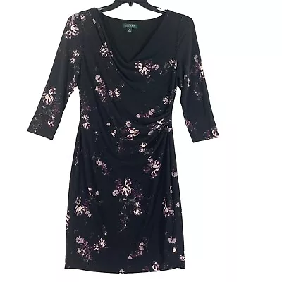 Lauren Ralph Lauren Dress Floral Ruched Sz 10 Chiffon Sheath Black • $24.99