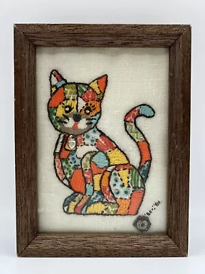 Vintage Crewel Embroidered Patchwork Cat Framed Picture 8” X 6” • $38