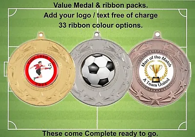 FOOTBALL TEAM Medals.  Pack151050100 Complete With Free Logo And Ribbons • £116.67