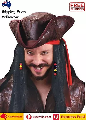 Pirates Captain Jack Sparrow Wig Brown Cap With Black Wig Costume Accessory • $24.95