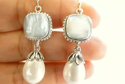 Mother Of Pearl White Pearl Drop 925 Sterling Silver Dangle Earrings • $69