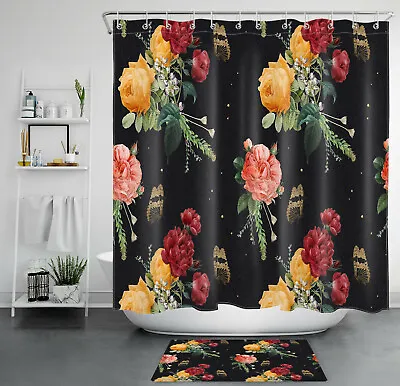 Colorful Fresh Flowers Butterfly Black Shower Curtain Bathroom Accessories Set • $10.99