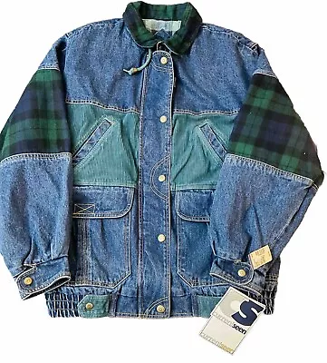 Vintage Current Seen Oversized Plaid Lined Denim Jacket Coat Women's Size Medium • $55