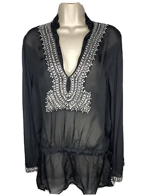 Monique Leshman Black Sheer Rhinestone Crystal Embellished Peplum Top Sz S • $55