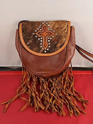 MONTANA SILVERSMITHS Brown Leather Cross Body FRINGED RELIGIOUS CROSS Purse *526 • $35