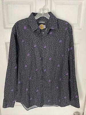 Lakers Button Down Leopard Print Shirt Mens Size M Slim Gray Black Long Sleeve • $34.99