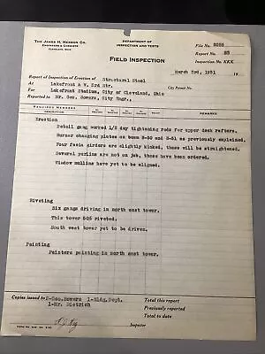 1931 Cleveland Municipal Stadium Original Field Inspection Report Document  • $9.99