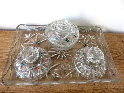 £32 • Buy A Pretty Antique  Four Piece Hand Painted Glass Dressing Table Set Circa 1930
