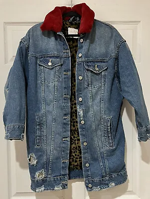 Zara Trafulac  Denim Jacket Size 9 Faux Fur Lined Detachable Red Faux FurCollar • $15